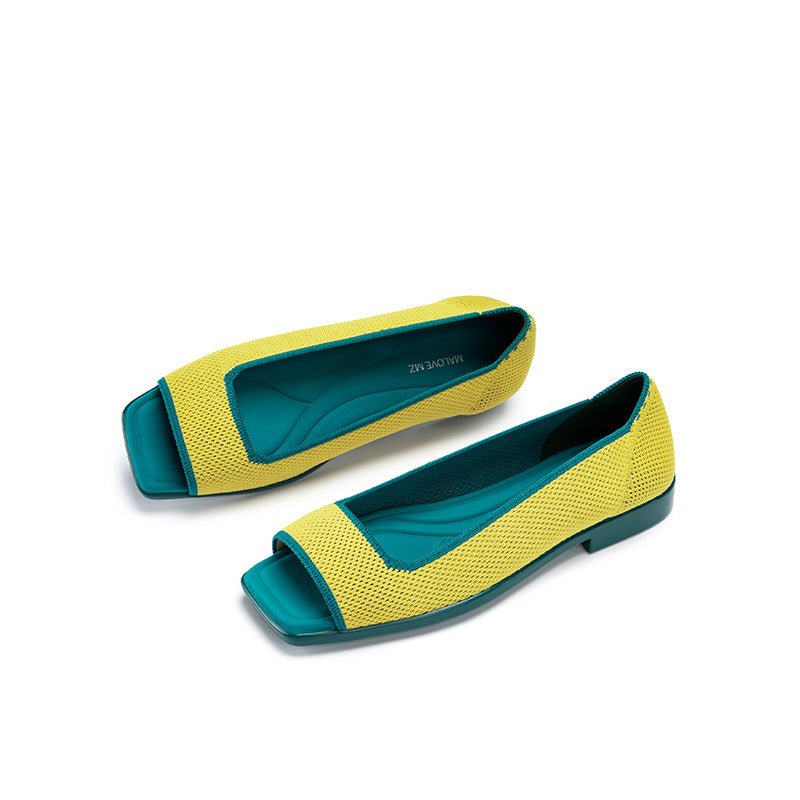Colorblock Peep Toe Knit Flats – Square Toe Low Heel Sandals