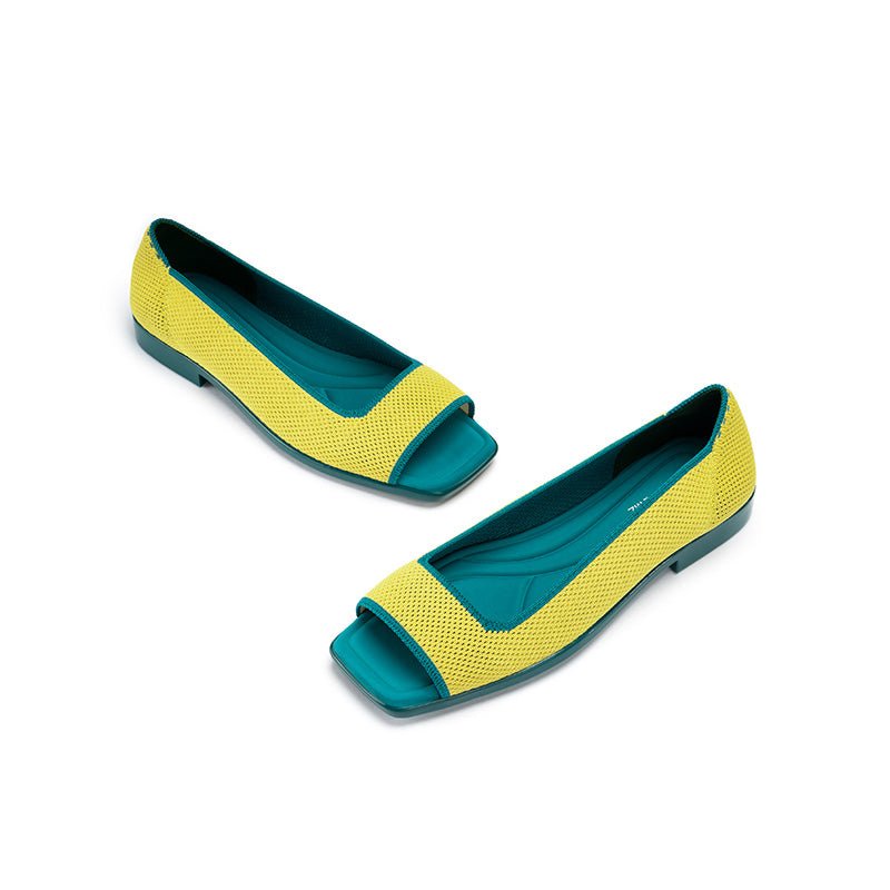 Colorblock Peep Toe Knit Flats – Square Toe Low Heel Sandals