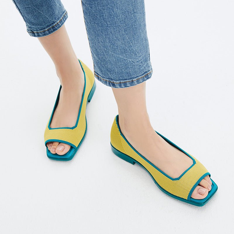 Colorblock Peep Toe Knit Flats – Square Toe Low Heel Sandals