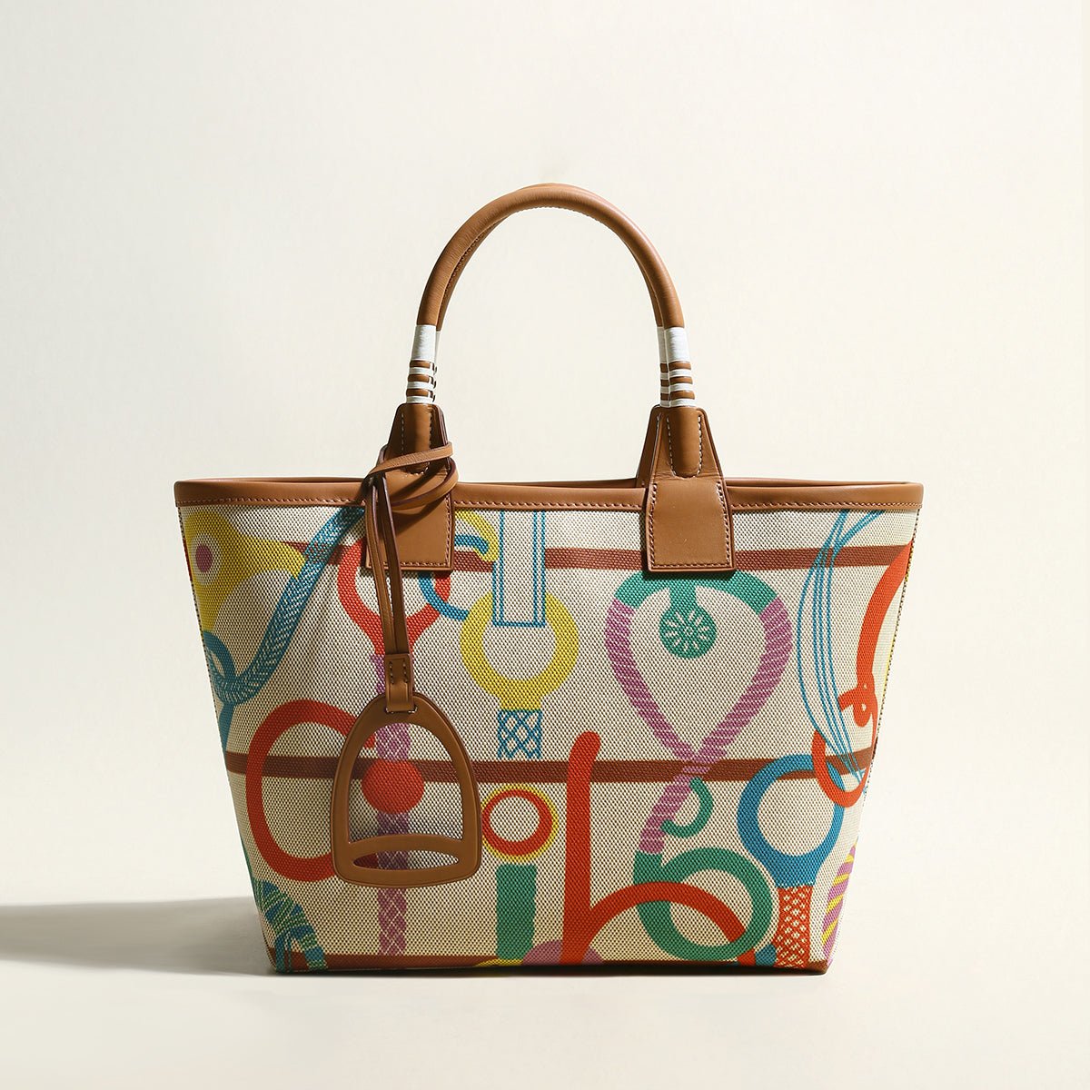 Colorful Abstract Top Handle Bag – Equestrian Print Canvas Tote with Leather Trim and Stirrup Charm
