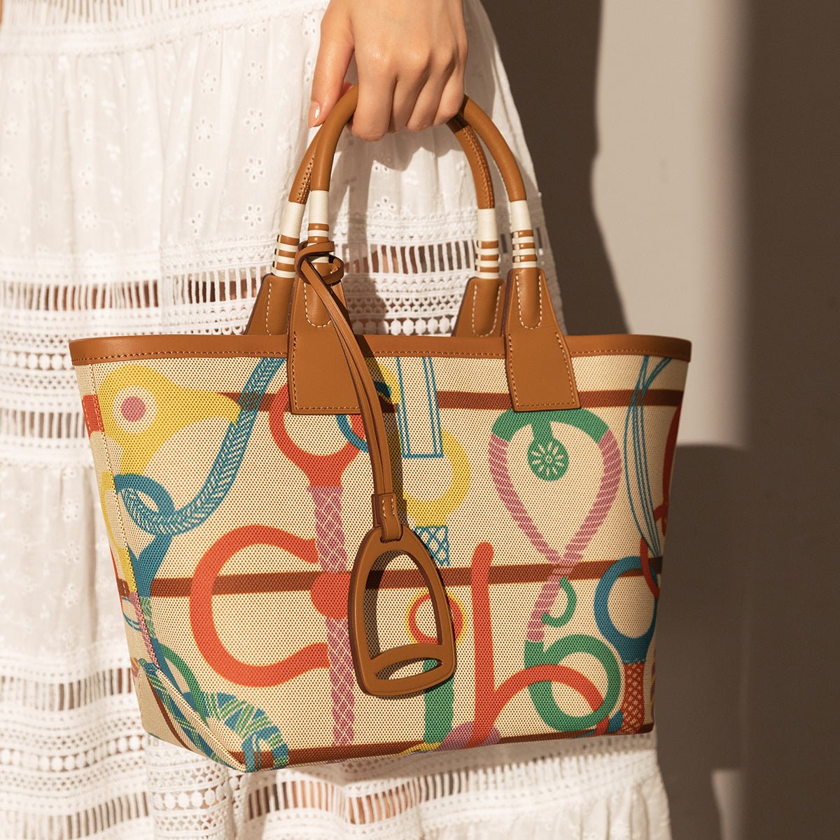 Colorful Abstract Top Handle Bag – Equestrian Print Canvas Tote with Leather Trim and Stirrup Charm