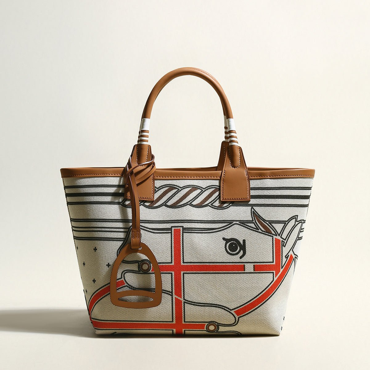 Colorful Abstract Top Handle Bag – Equestrian Print Canvas Tote with Leather Trim and Stirrup Charm