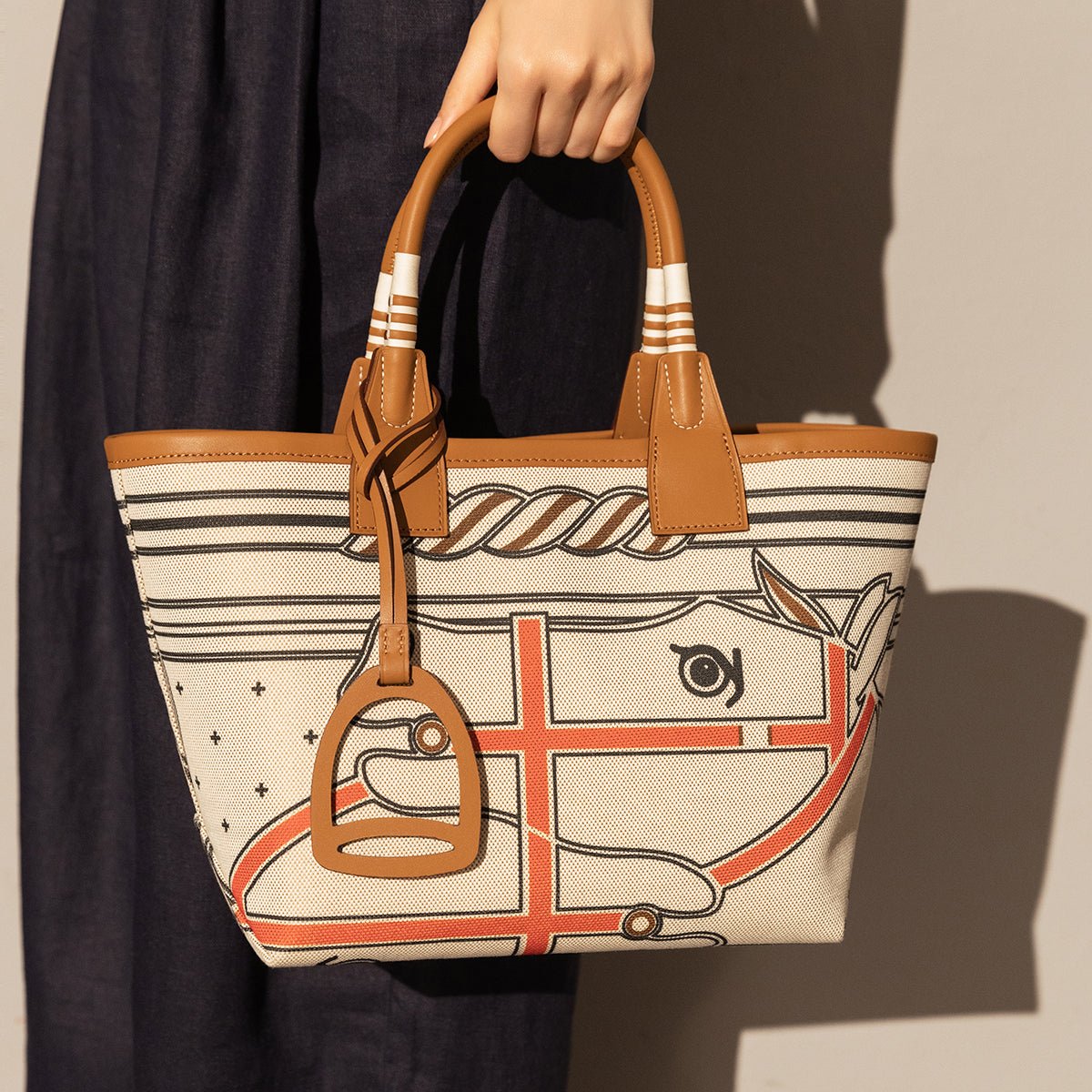 Colorful Abstract Top Handle Bag – Equestrian Print Canvas Tote with Leather Trim and Stirrup Charm