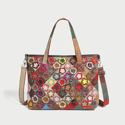 Colorful Hippie Floral Patchwork Leather Tote Bag – 3D Flower Appliqué Cowhide Shoulder & Crossbody