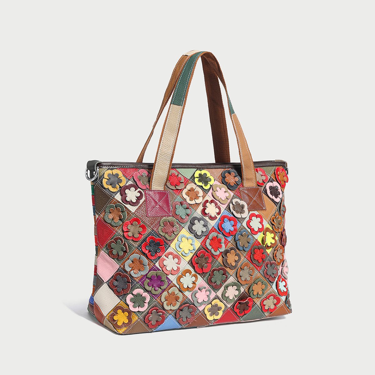 Colorful Hippie Floral Patchwork Leather Tote Bag – 3D Flower Appliqué Cowhide Shoulder & Crossbody