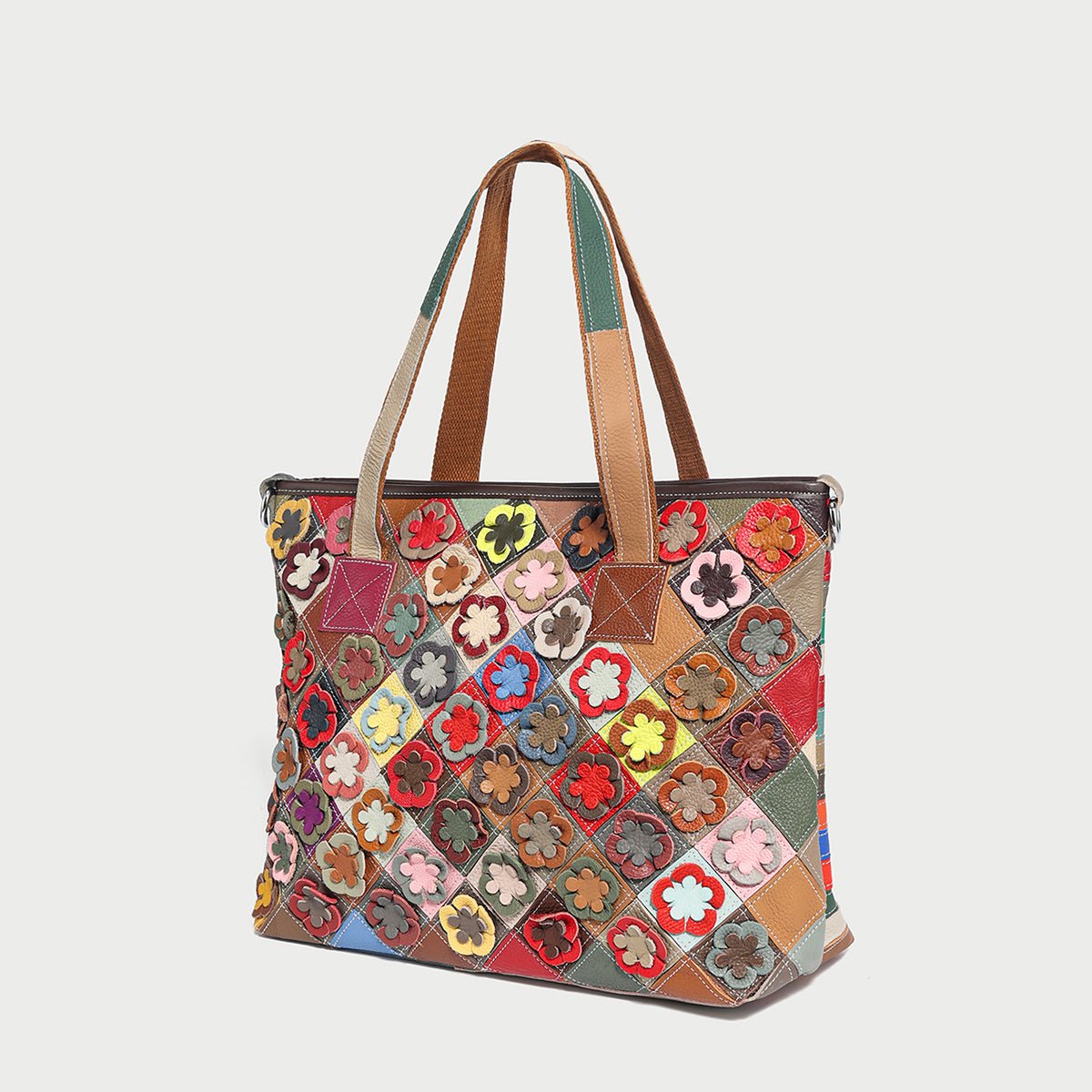 Colorful Hippie Floral Patchwork Leather Tote Bag – 3D Flower Appliqué Cowhide Shoulder & Crossbody