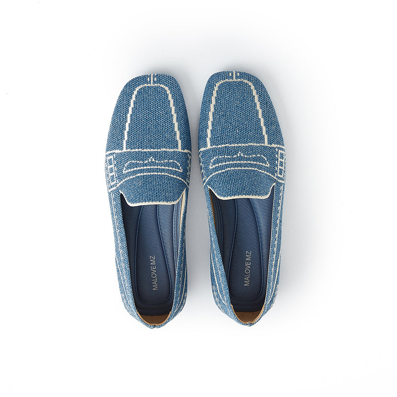 Comfortable Slip On Square Toe Loafers – Contrast Stitch Knit Penny Loafers