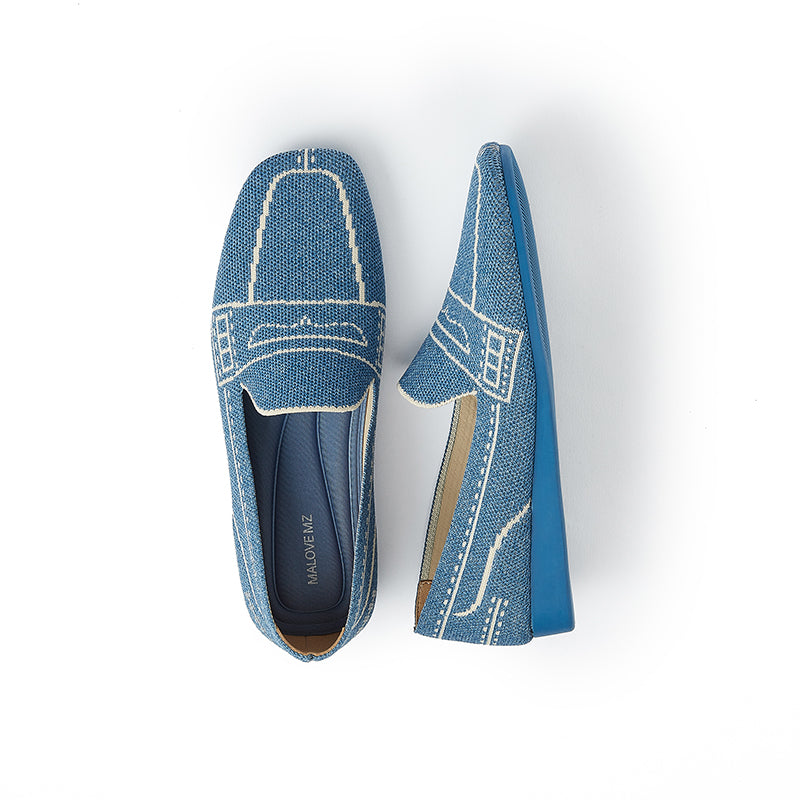 Comfortable Slip On Square Toe Loafers – Contrast Stitch Knit Penny Loafers