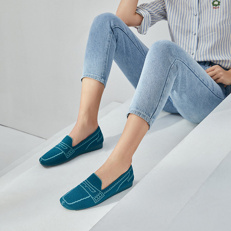 Comfortable Slip On Square Toe Loafers – Contrast Stitch Knit Penny Loafers