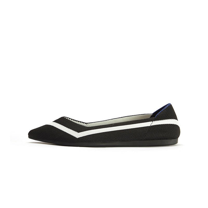 comfortable woven striped pointed toe flats all black 1