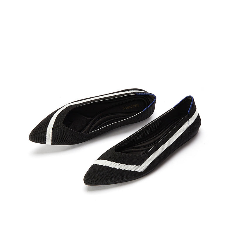 comfortable woven striped pointed toe flats all black 2