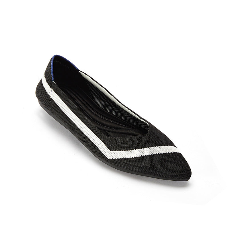 comfortable woven striped pointed toe flats all black 3