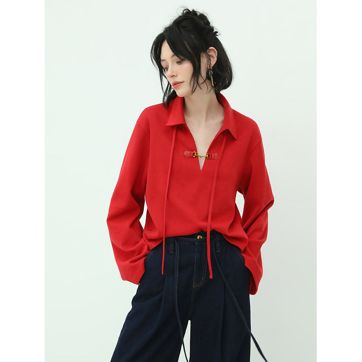 comfy drawstring wide sleeved red sweater with collar buckle all red 2
