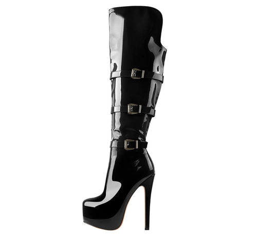 Commando Leather Platform Pointed Toe Knee High Boots - 0cm