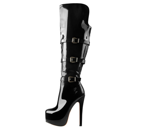 Commando Leather Platform Pointed Toe Knee High Boots