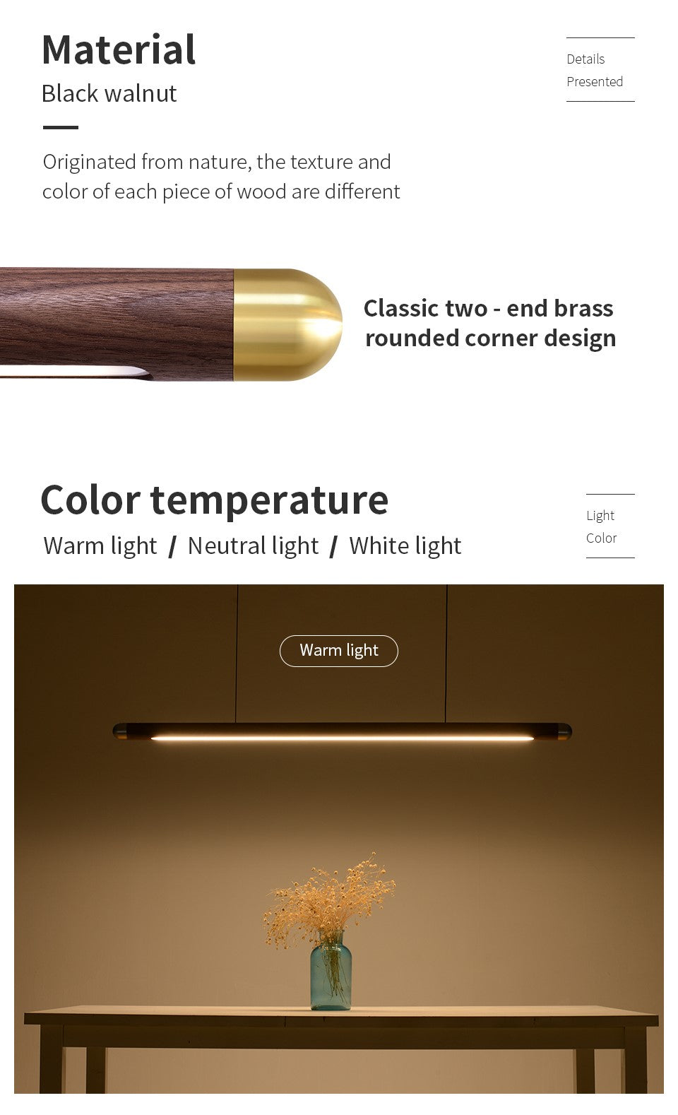 contemporary solid wood and brass pendant light 1.1m walnut all 12