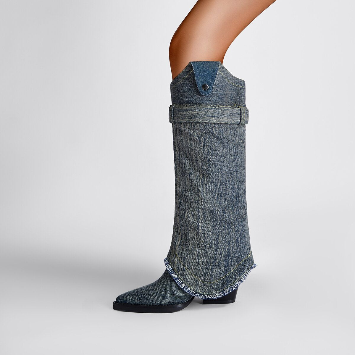 Convertible Belted Denim Western Knee High Boots