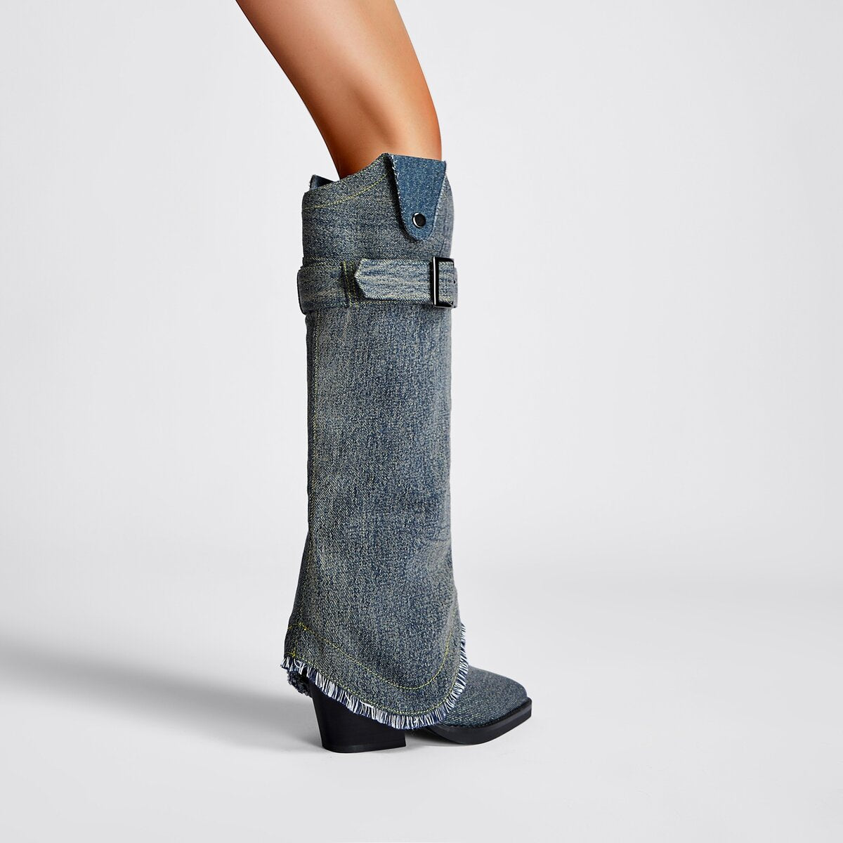 Convertible Belted Denim Western Knee High Boots