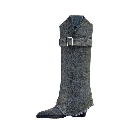 Convertible Belted Denim Western Knee High Boots