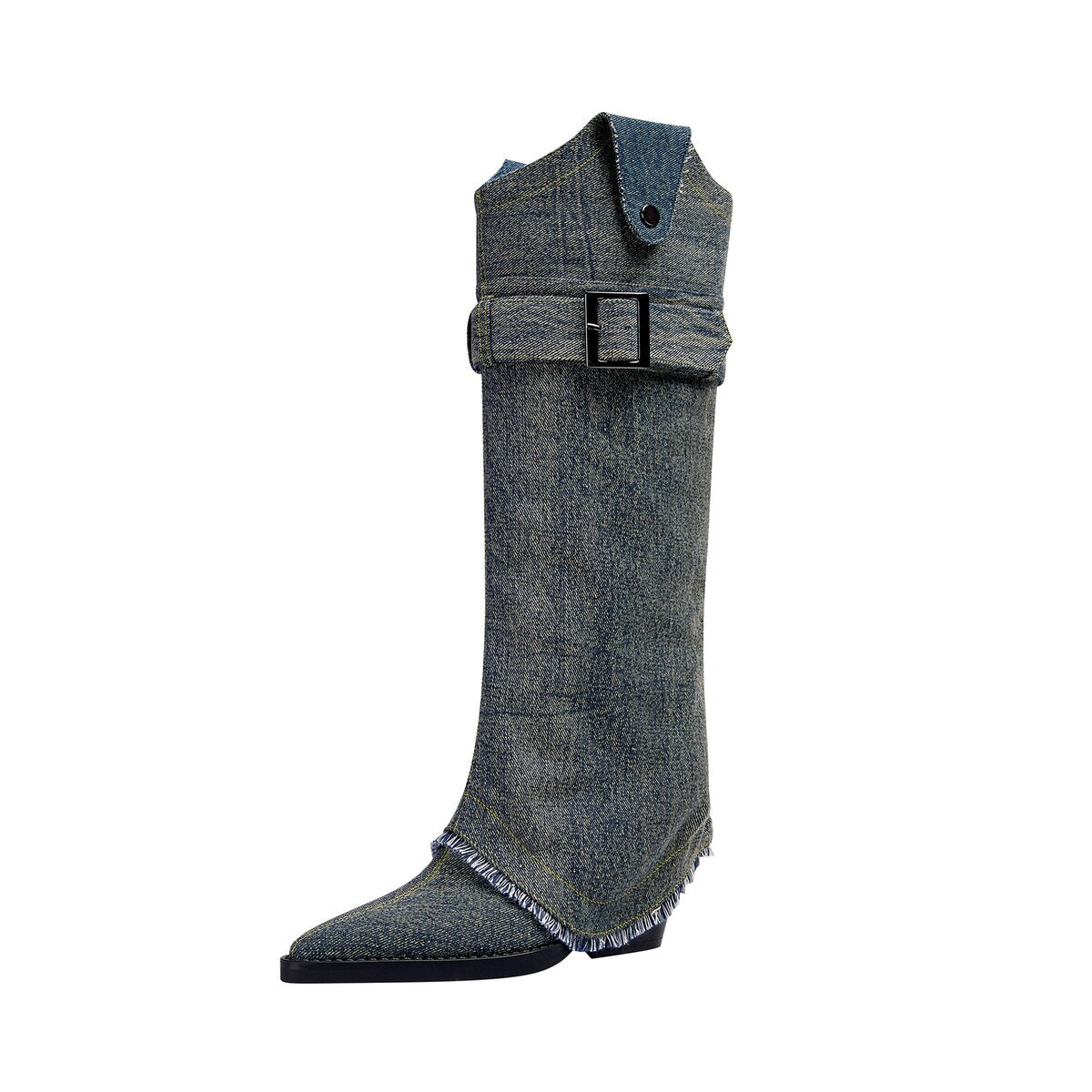Convertible Belted Denim Western Knee High Boots