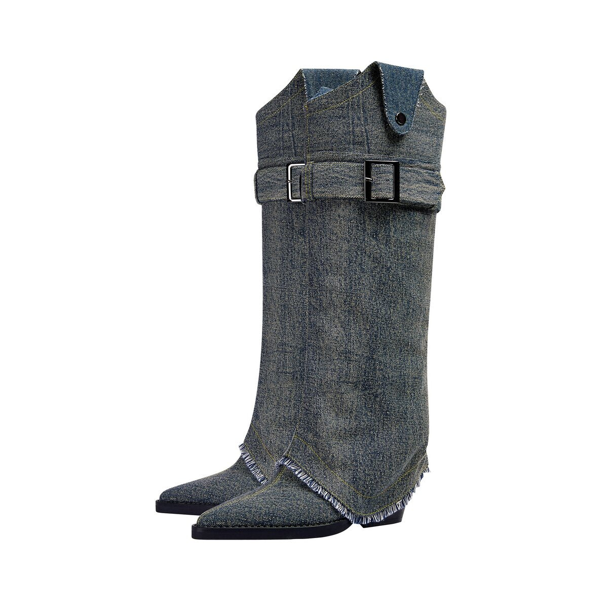 Convertible Belted Denim Western Knee High Boots