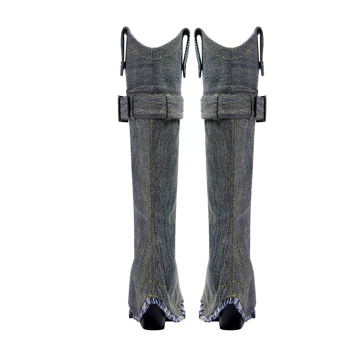 Convertible Belted Denim Western Knee High Boots