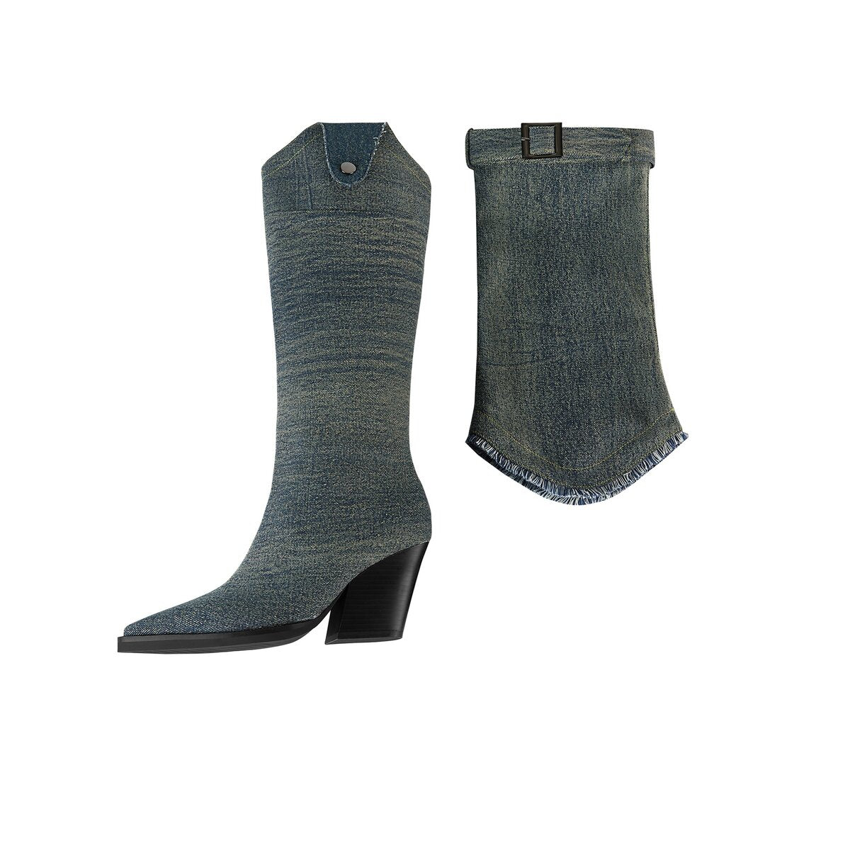 Convertible Belted Denim Western Knee High Boots