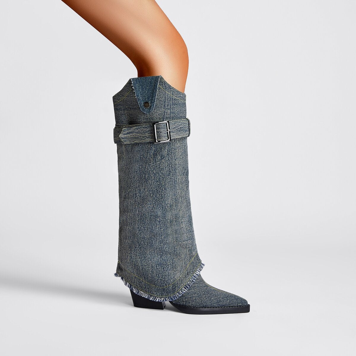 Convertible Belted Denim Western Knee High Boots