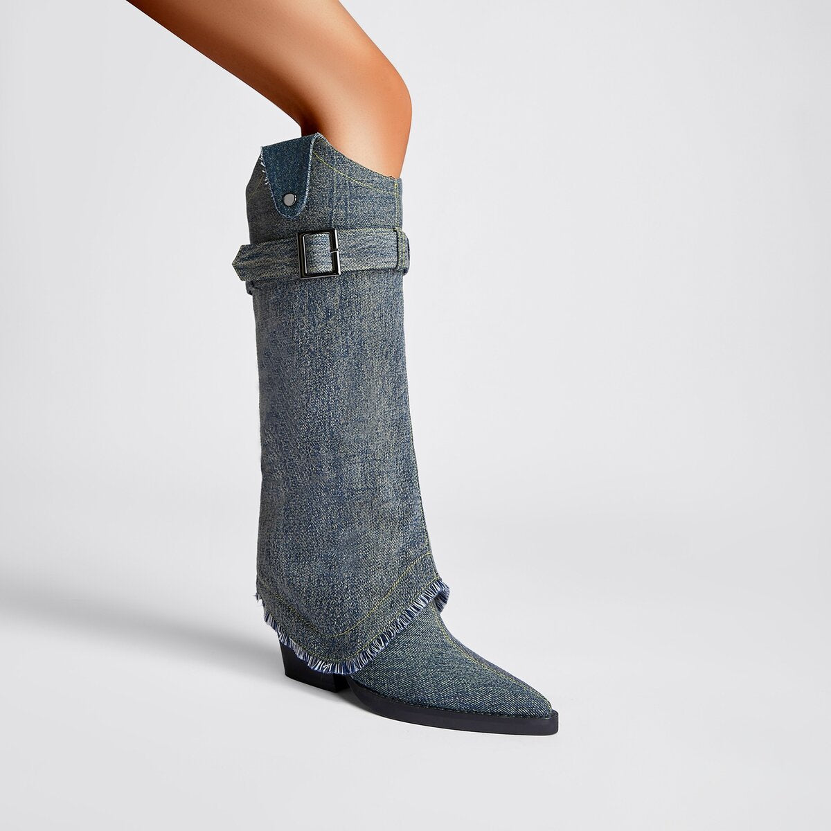 Convertible Belted Denim Western Knee High Boots