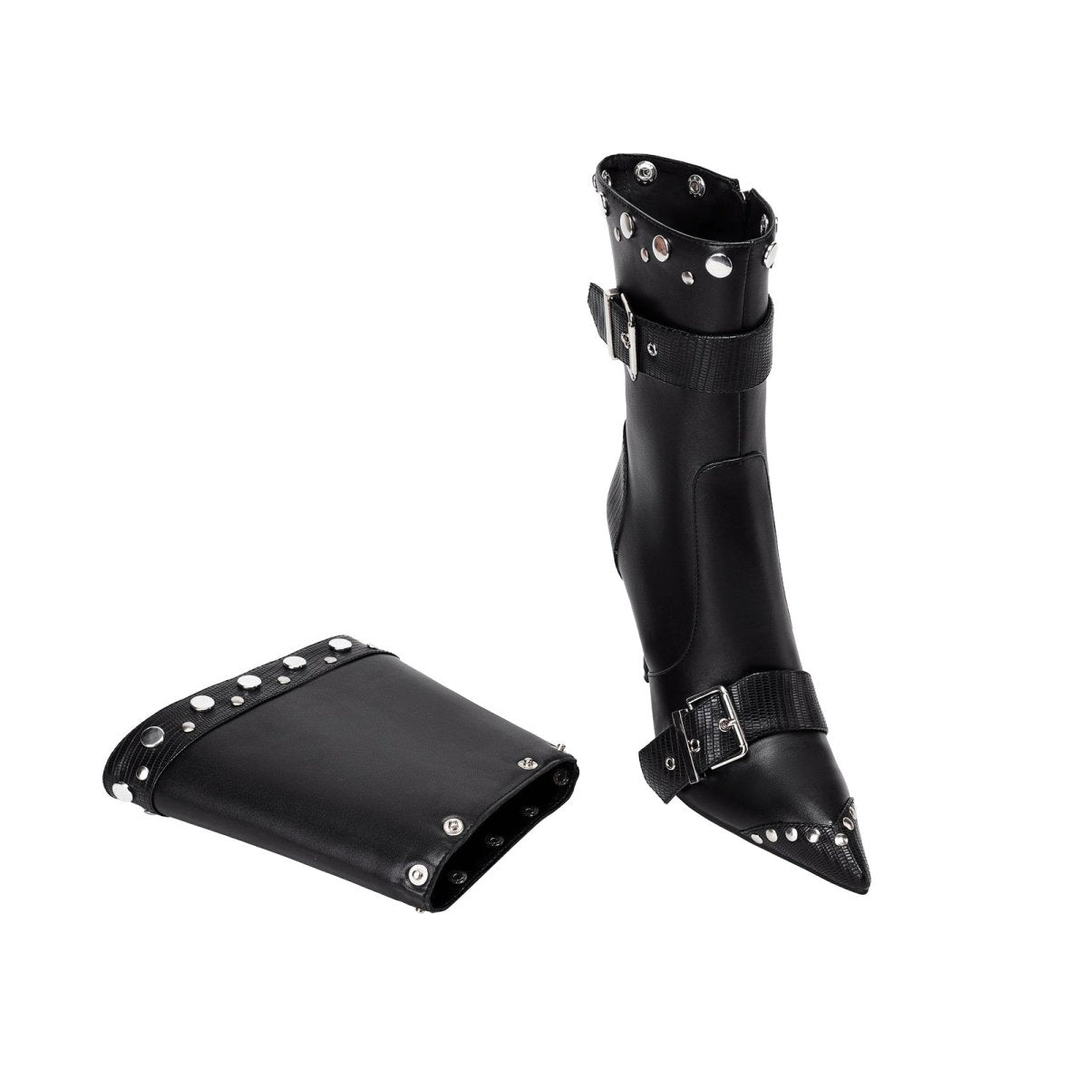 Convertible Double Buckle Black Pointed Toe Boots - 0cm