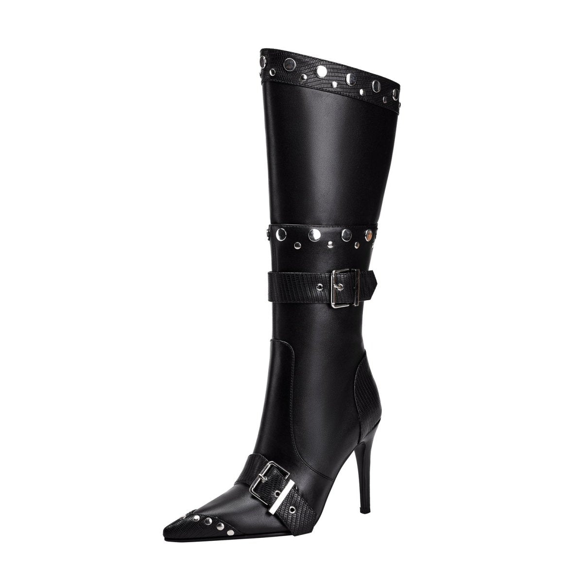 Convertible Double Buckle Black Pointed Toe Boots - 0cm