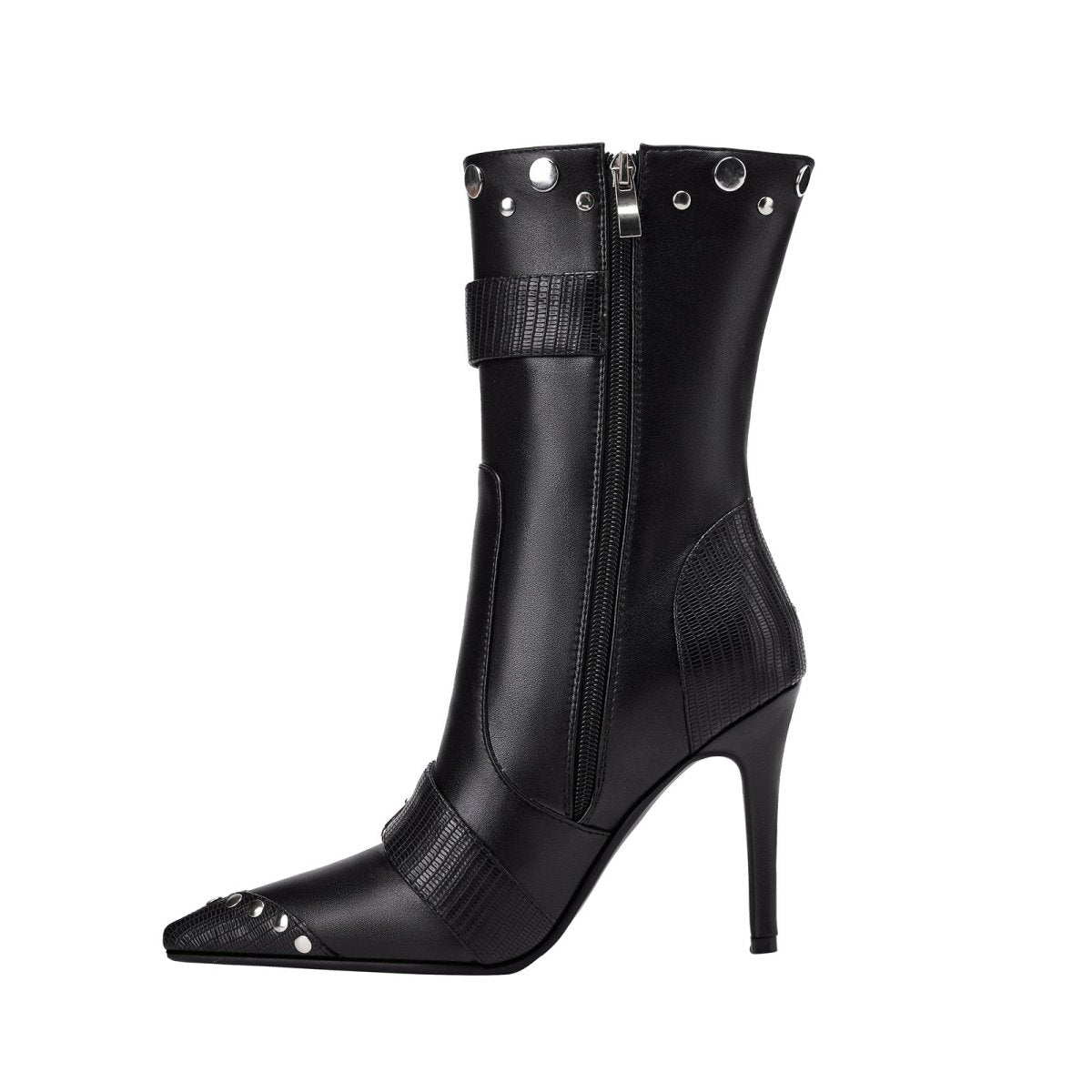 Convertible Double Buckle Black Pointed Toe Boots - 0cm