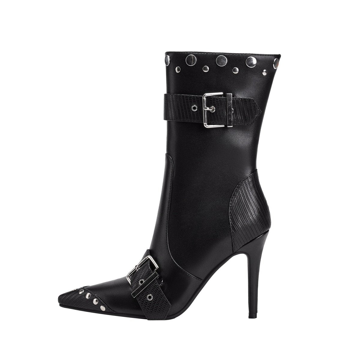 Convertible Double Buckle Black Pointed Toe Boots - 0cm