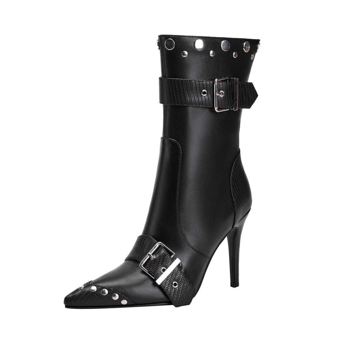 Convertible Double Buckle Black Pointed Toe Boots - 0cm