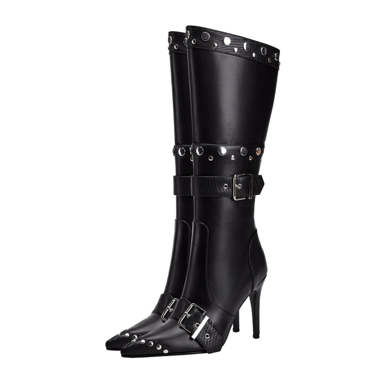 Convertible Double Buckle Black Pointed Toe Boots - 0cm