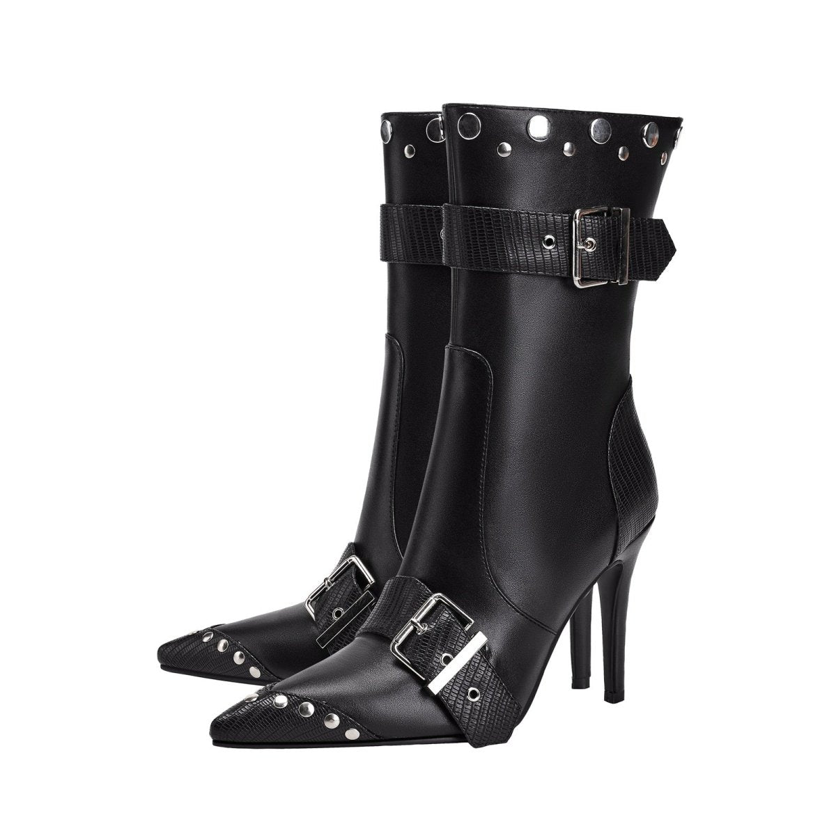 Convertible Double Buckle Black Pointed Toe Boots - 0cm