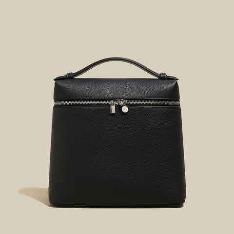 Convertible Pebbled Leather Backpack – Trapezoid Top-Handle Bag with Double Zip & Padlock Detail