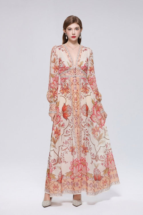 Coral Vine Floral Print Deep V-Neck Maxi Dress with Full-Length Button Placket and Blossom Border Hem