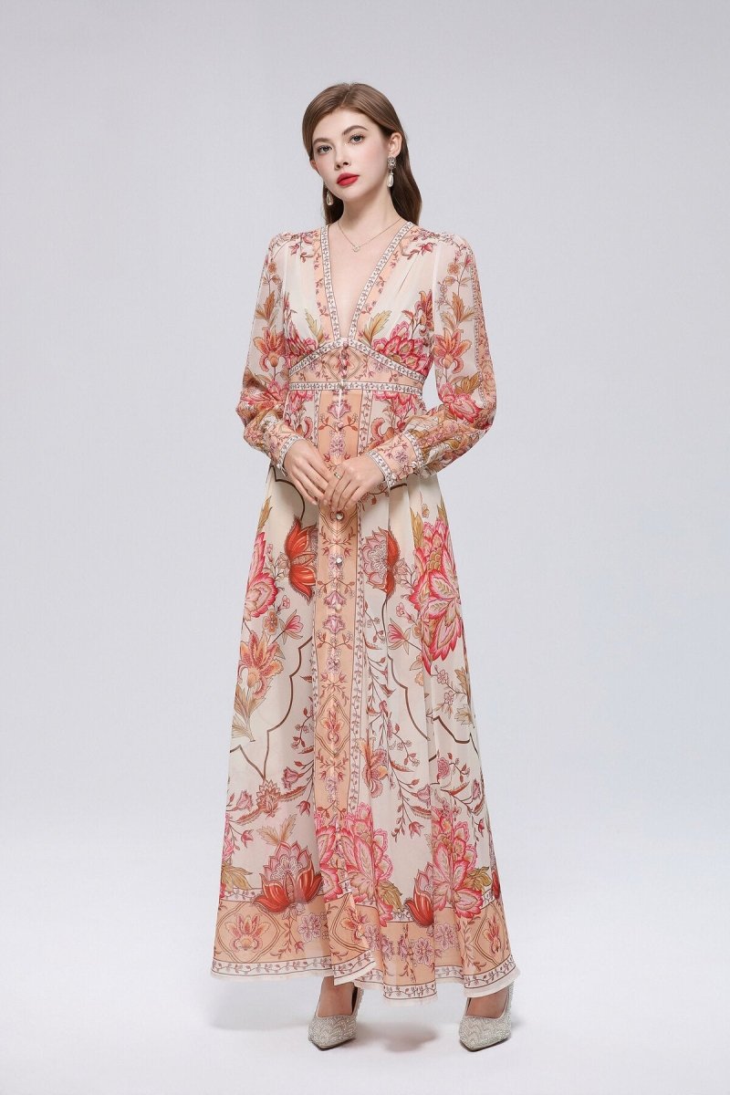 Coral Vine Floral Print Deep V-Neck Maxi Dress with Full-Length Button Placket and Blossom Border Hem