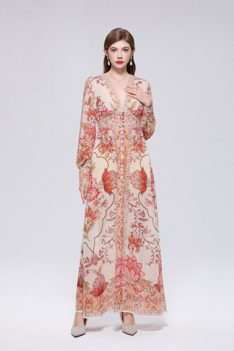 Coral Vine Floral Print Deep V-Neck Maxi Dress with Full-Length Button Placket and Blossom Border Hem