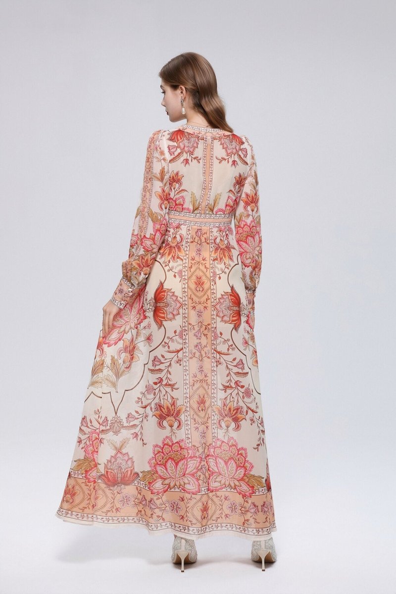 Coral Vine Floral Print Deep V-Neck Maxi Dress with Full-Length Button Placket and Blossom Border Hem