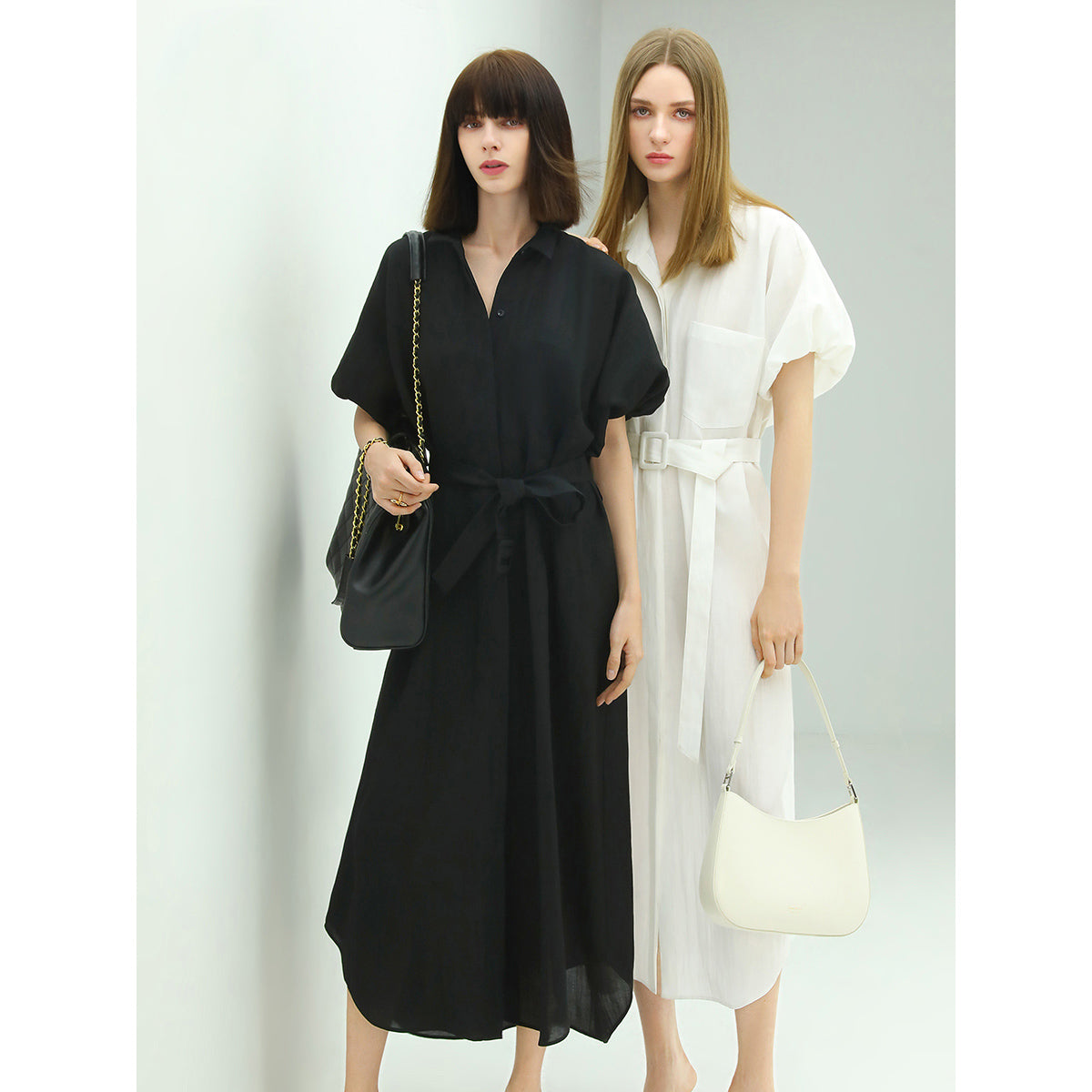 corporate puff sleeved belted shirt dress all [black white] 2