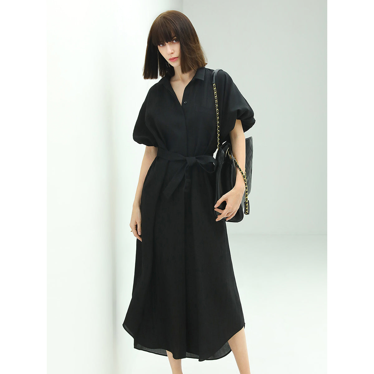 corporate puff sleeved belted shirt dress all black 1