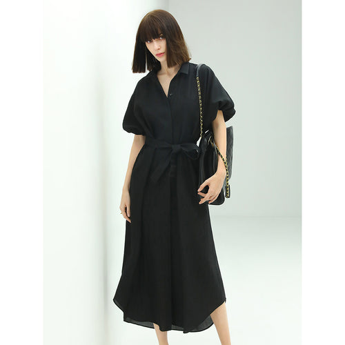 corporate puff sleeved belted shirt dress all black 1