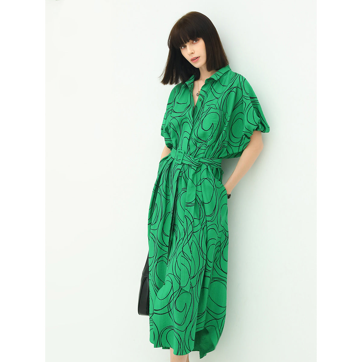 corporate puff sleeved belted shirt dress all green 1