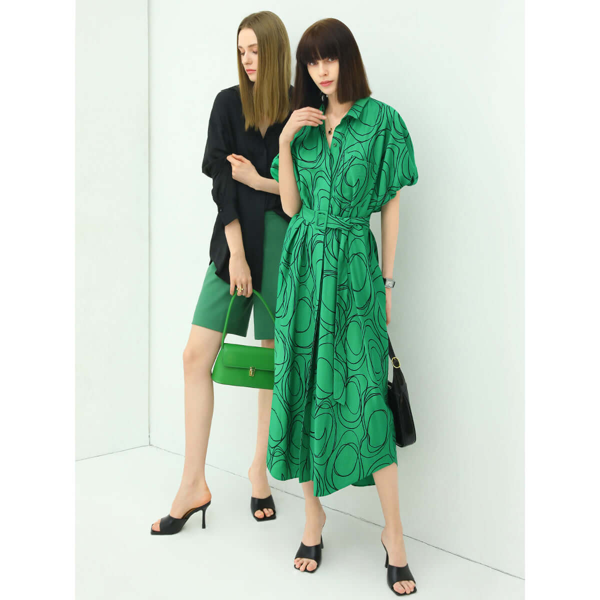 corporate puff sleeved belted shirt dress all green 2