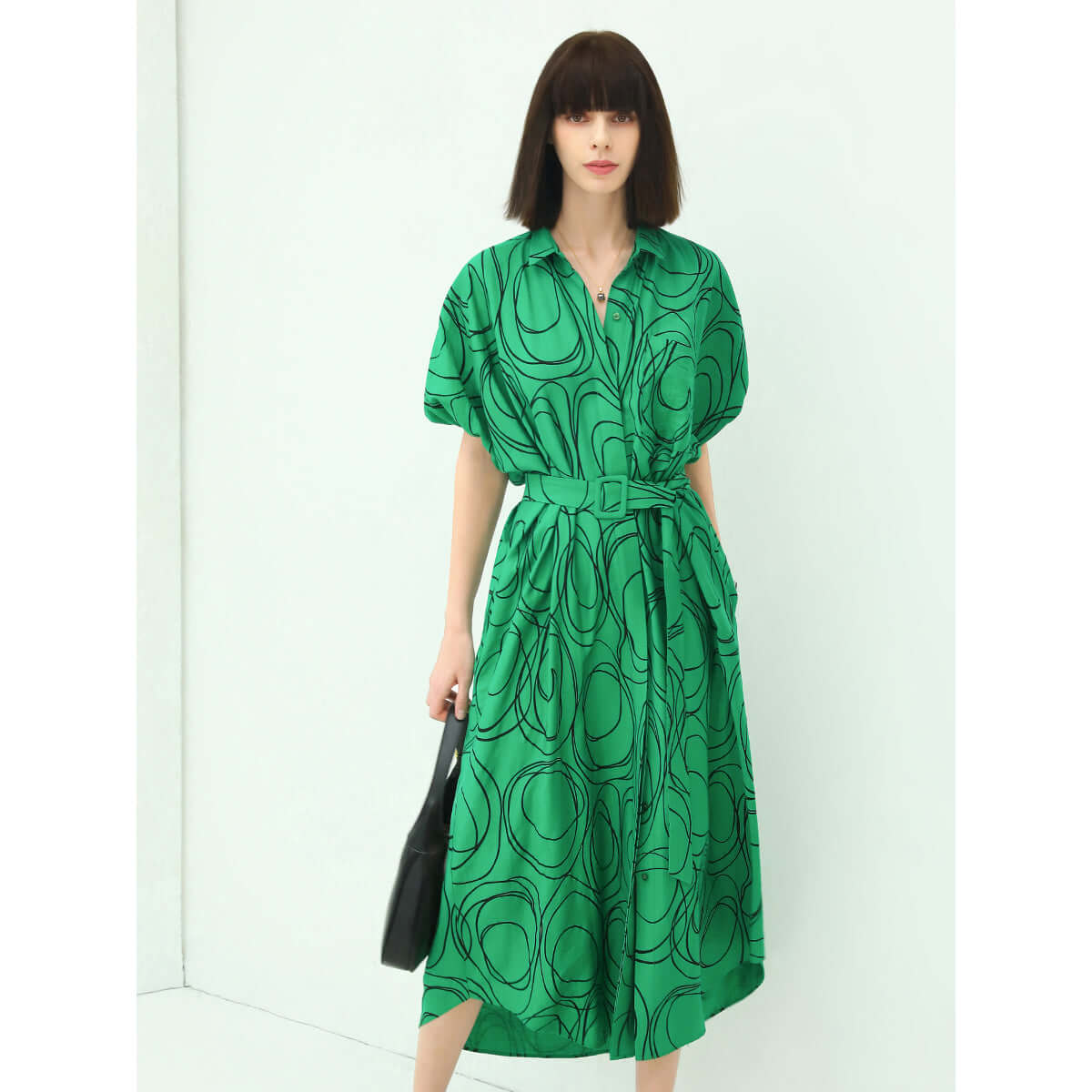 corporate puff sleeved belted shirt dress all green 3