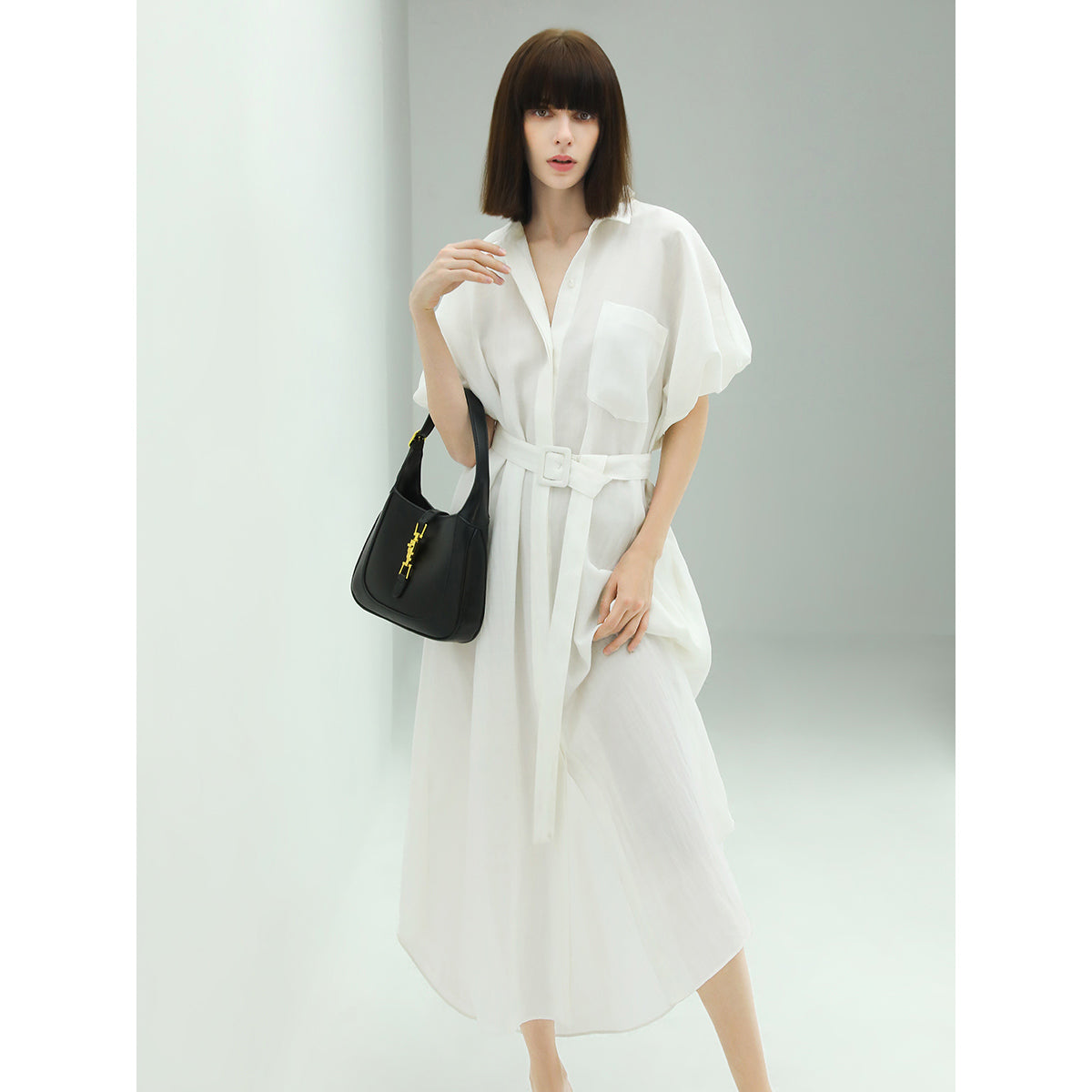 corporate puff sleeved belted shirt dress all white 1