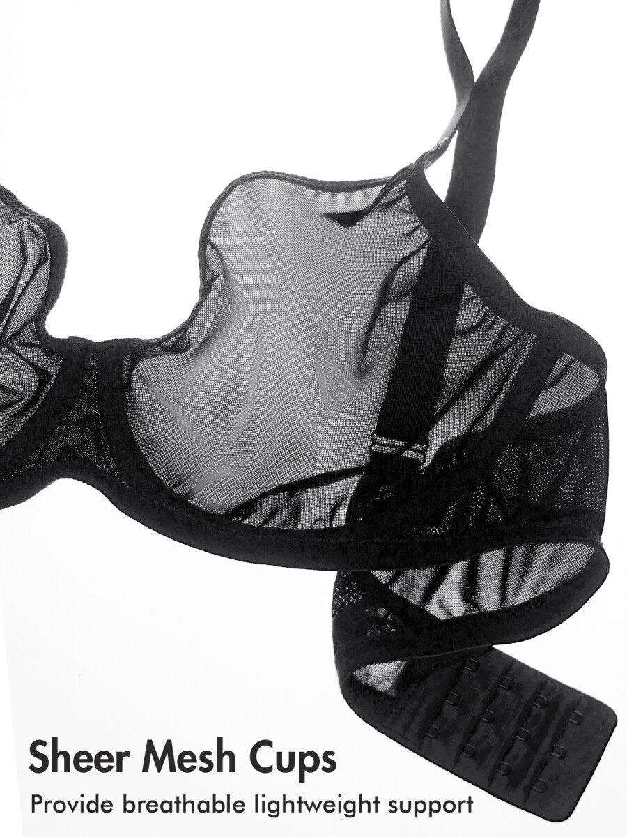 Cosnufy Sheer Mesh Plunge Underwire Full Coverage Bra