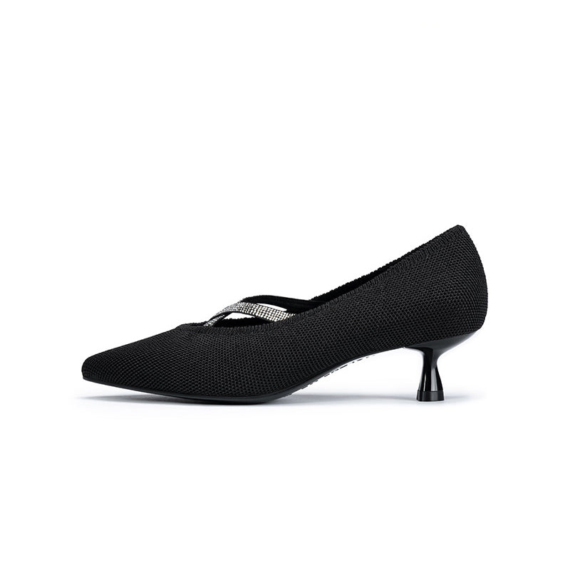 Countess Cross-Strap Kitten Heels – Crystal Pointed Toe Knit Pumps